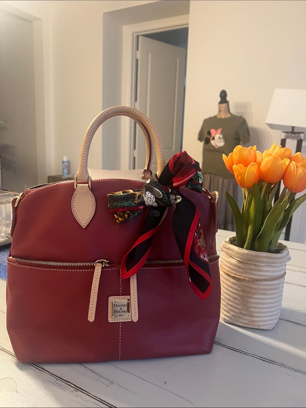 Dooney & Bourke Red Leather Satchel with Scarf Tie